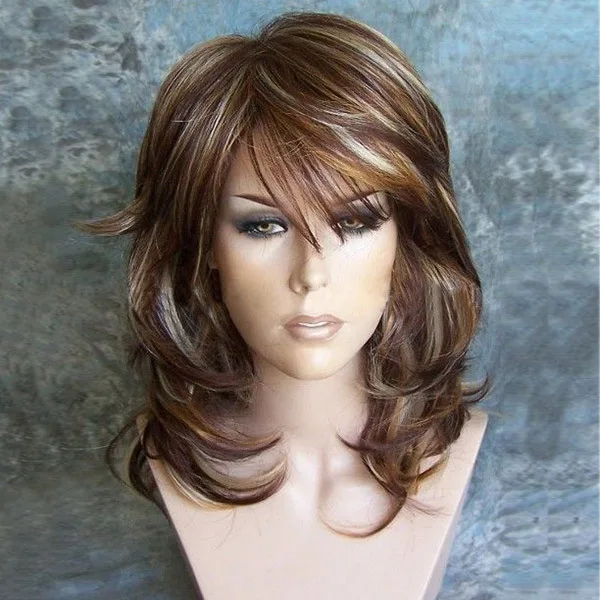 SuQ  Medium Long Wig For Women Women\'s Hair Mixed Brown and Black Wavy African Synthetic Female Haircut Puffy Natural Wigs