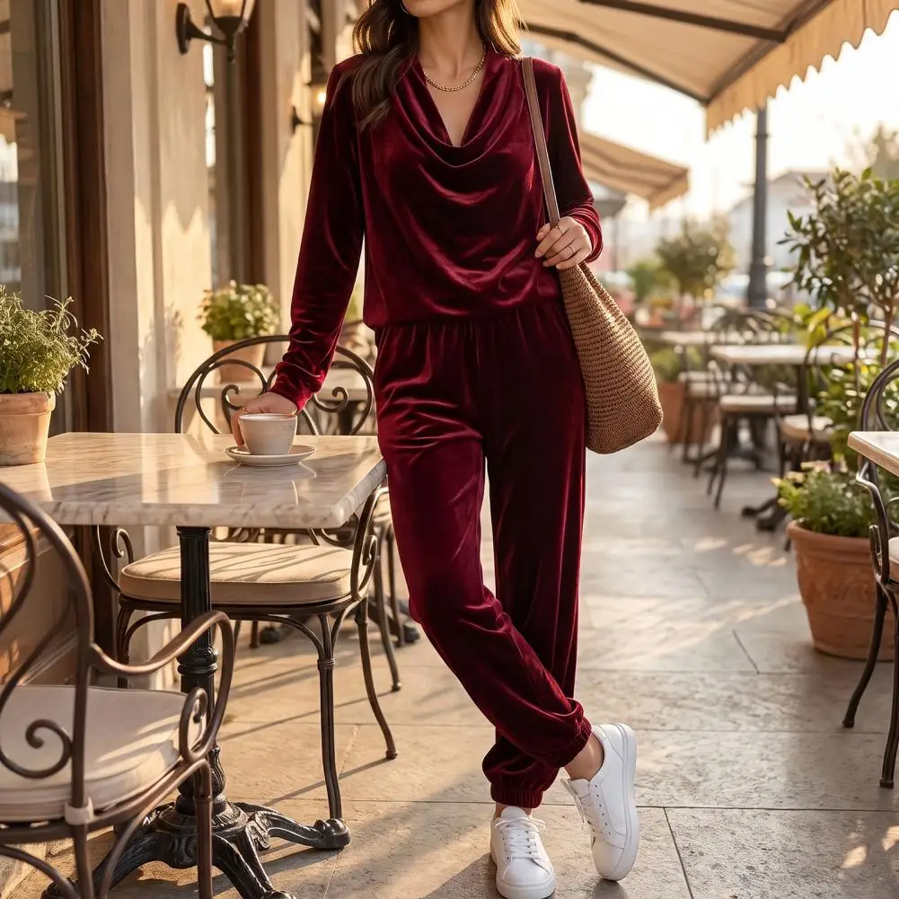 Skin Velvet Loungewear Women’s Velvet Lounge Set Ruffle V-neck Sweatshirt Elastic Waist Pants Solid Color 2-piece for Relaxed