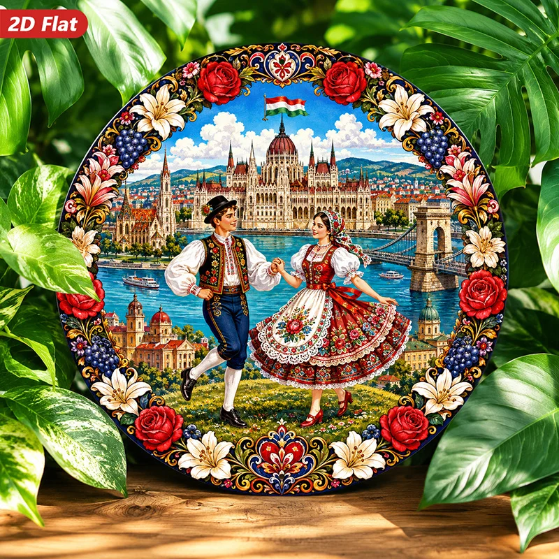 2D Flat, 1pc Traditional Folk Dance Round Metal Sign Wall Art, Home Decor, Rose Floral Border, Ethnic Dancing Couple, Historic E