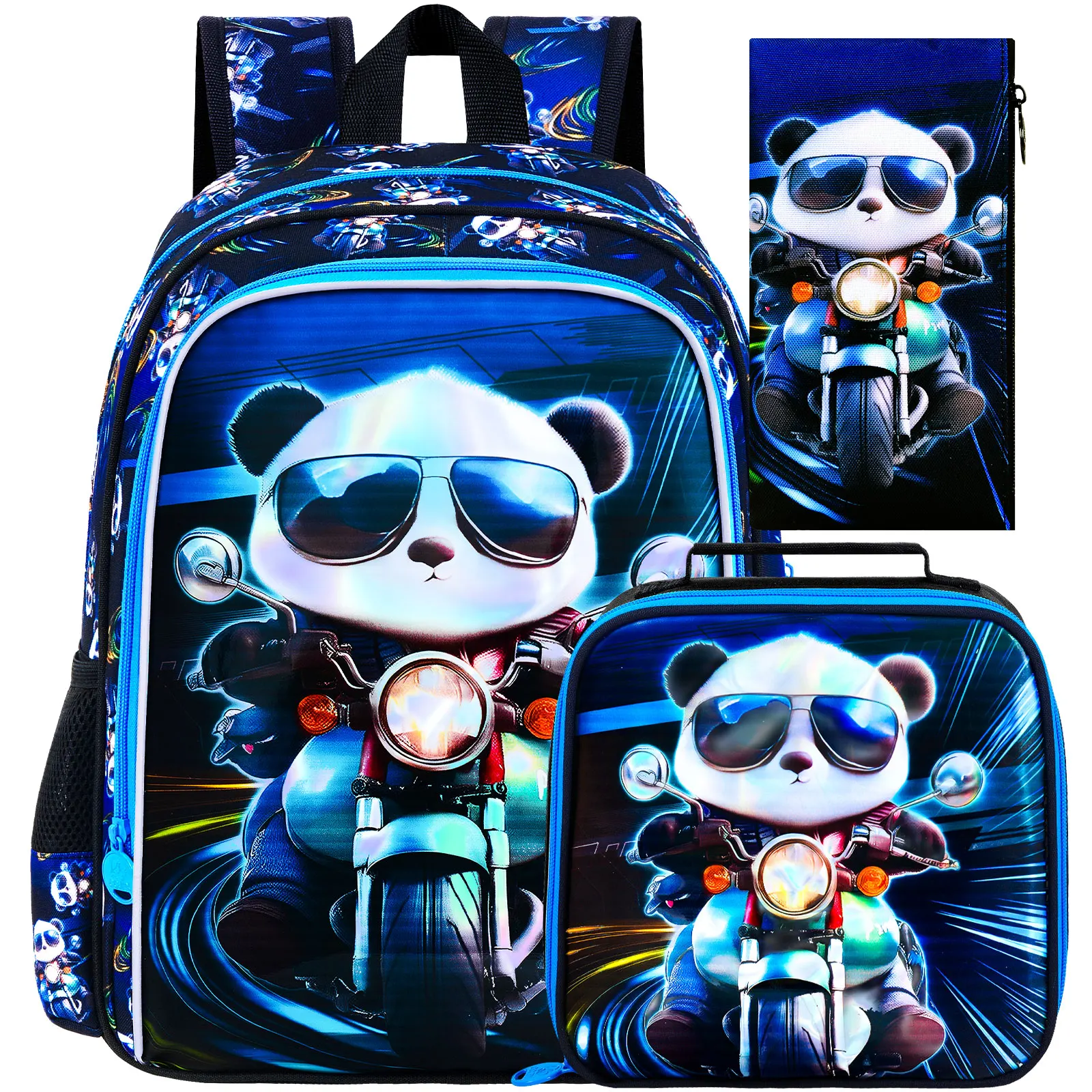 3Pcs 16 Inch Boys Backpack Set, Cool Motorcycle‑Panda School Bag with Lunch Bag & Pencil Pouch, Lightweight Elementary Bookbag