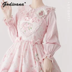 Long Sleeve Pure Cotton Shirt Lolita Inner Top Girl Women's Lolita Bubble Sleeve Lace Doll Collar Solid Color Shirt Blouses