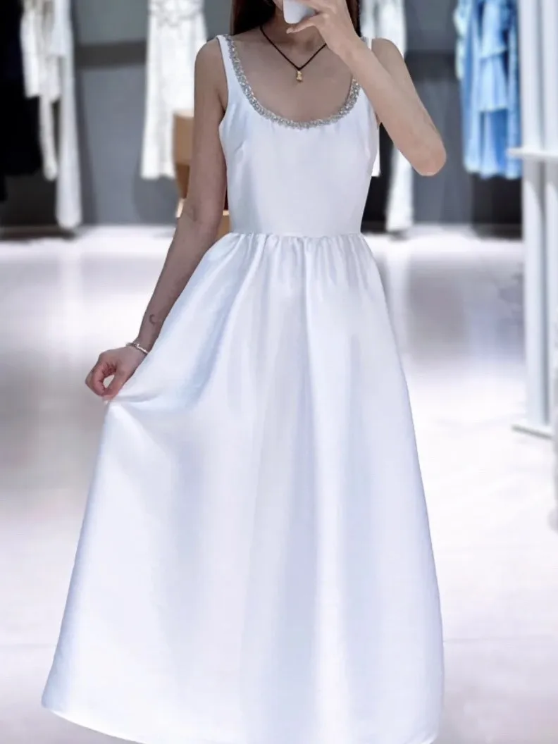 Vestido Midi blanco con decoración de diamantes para mujer, cuello en U, sin mangas, cintura alta, elegante, Otoño, 2024