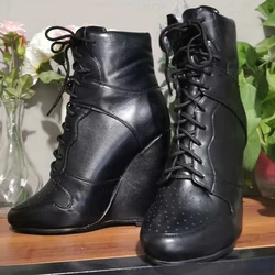 SEIIHEM Women Ankle Boots Wedges Faux Leather Round Toe Heels Short Boots Lace Up Ladies Handmade Shoes Woman Plus Size 40 45 47