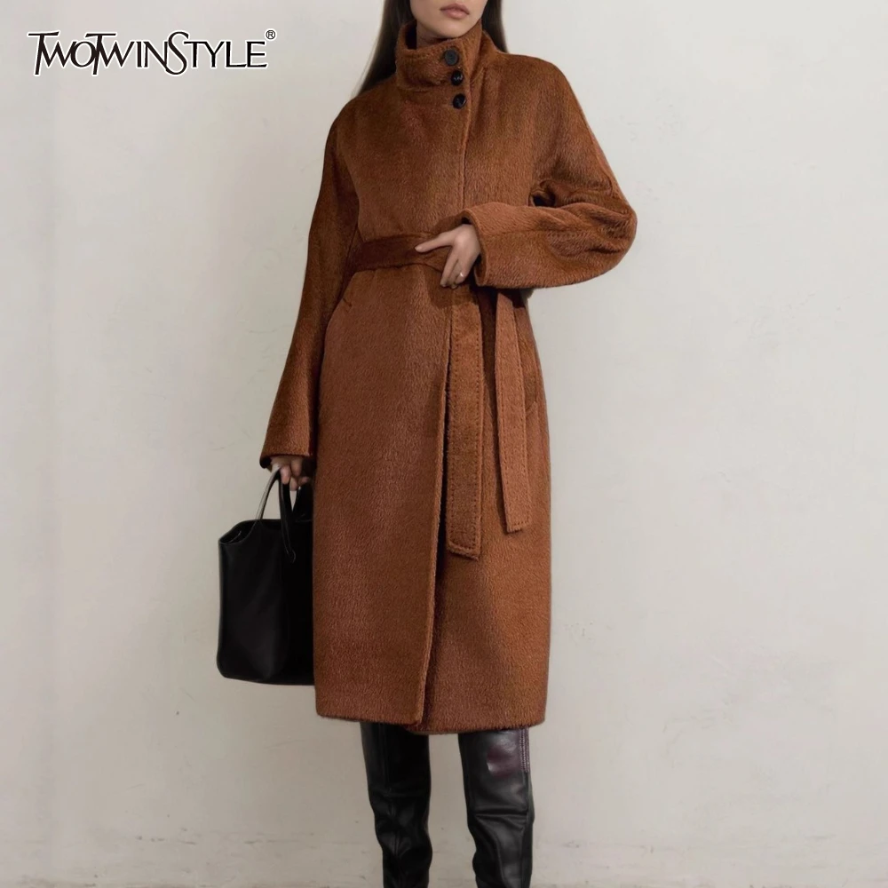 

TWOTWINSTYLE Верблюжья куртка на шнуровке, женская водолазка с длинным рукавом, элегантная утолщенная версия, женские куртки, осенний стиль
