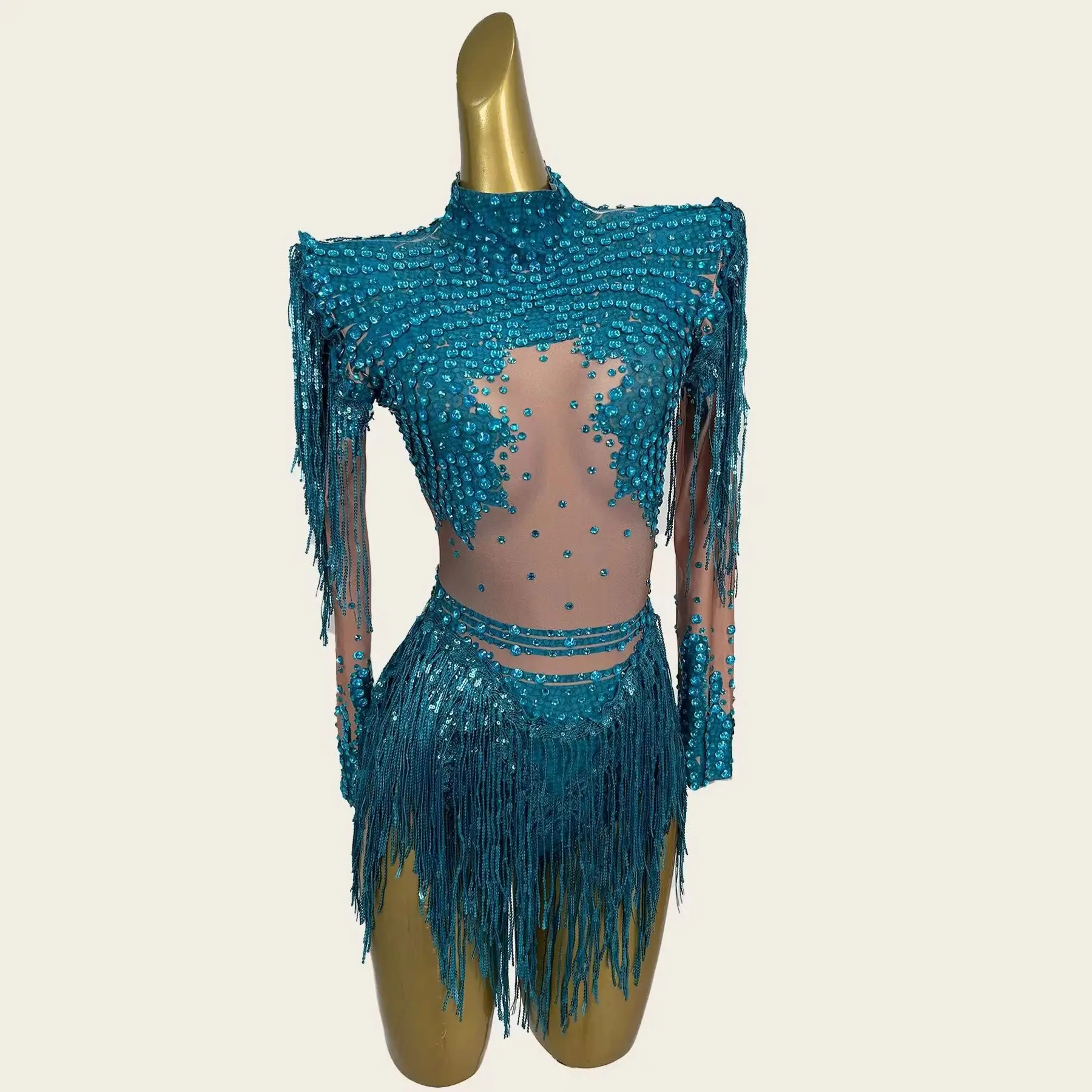 Xinniang Gold Sequins Tassel Elastic Bodysuit Sexy Pole Latin Dance Stage Wear Nightclub DJSinger Dancer Performance Costume