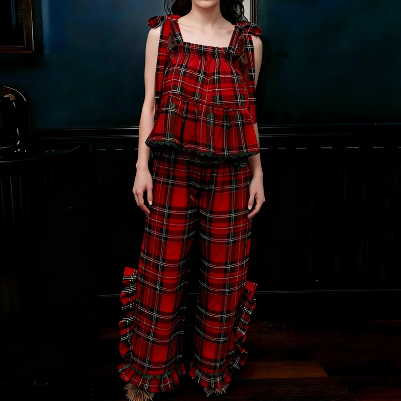 

Maemukilabe Women Y2k Tie Strap Babydoll Camis Top + Ruffle Pants Gingham 2 Piece Sleepwear Christmas Plaid/Striped Pajamas Set