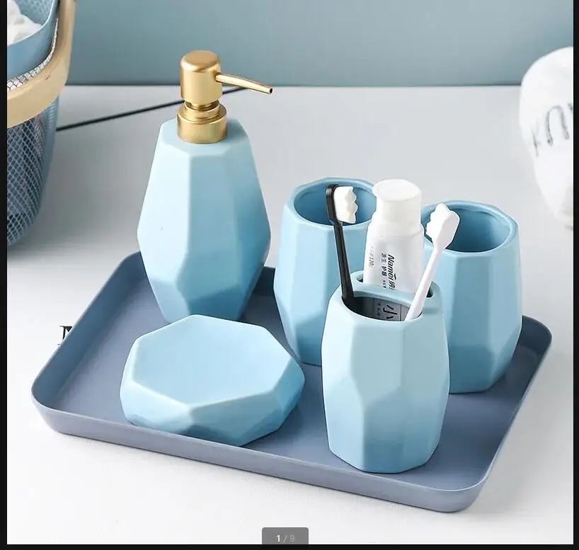 Pure Color Ceramic Wash Set Bathroom Supplies 5-piece with Tray Mouth Cup Lotion Bottle Toothbrush Holder Soap Dish