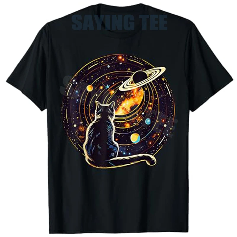 

Cute Cat Staring At Planet Saturn T-Shirt Kitten Sitting in Our Galaxy Amateur Astronomer Y2k Fashion Graphic Tee Novelty Gift