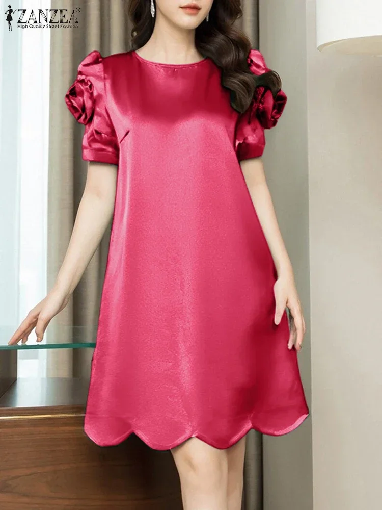 فساتين ZANZEA أنيقة للنساء بطول الركبة بحاشية صدفية من قماش الساتان وأكمام قصيرة للحفلات على شكل حرف a من ZANZEA