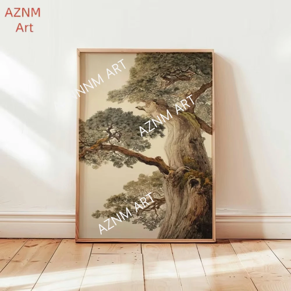 1 Pieza de Arte Mural de Pino Antiguo sin Marco, Impresión de Póster de Naturaleza Japonesa, Decoración Zen de Plantas, Pintura de Árbol Oriental, Arte de Bosque Tranquilo