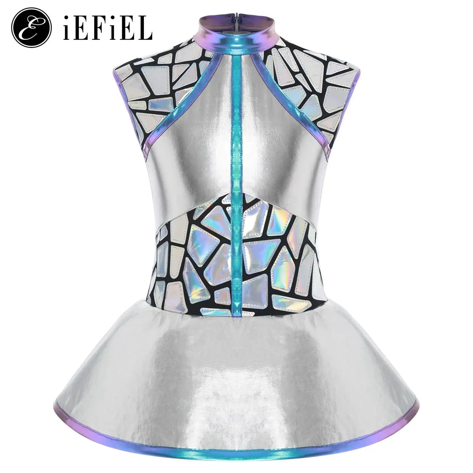 

Girls Shiny Alien Outerspace Halloween Cosplay Costume Sleeveless Mock Zip Neck Tutu Dance Dress for Future World Party