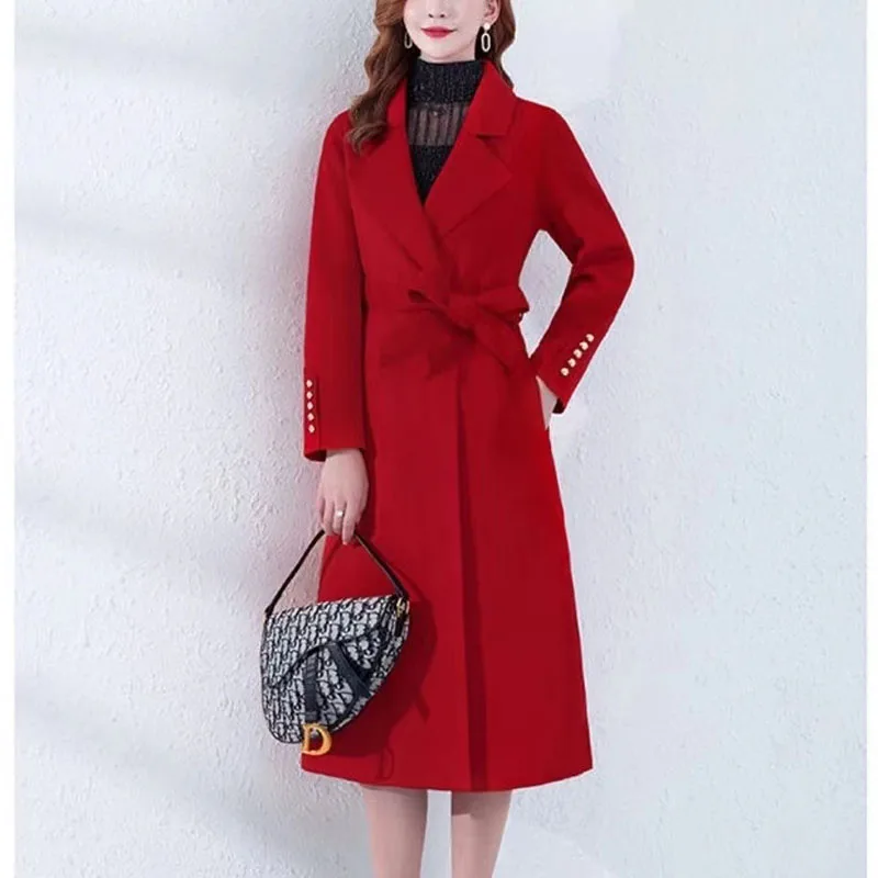 Women Wool Coat Jacket Women Long Belt Woolen 2023 New Winter Autumn Warm Fashion Woolen Blends Outwear Abrigo Mujer