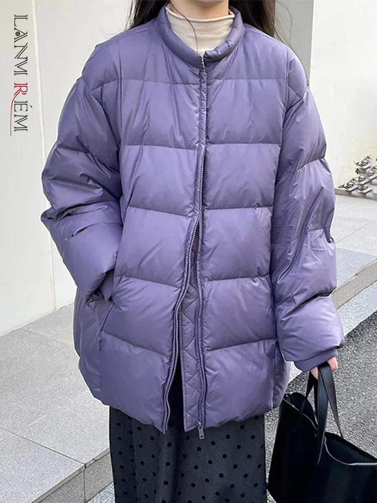 

[LANMREM] Stand Neck Thick Warm Down Coats For Women Zipper Cardigan Long Sleeve Minimalism Outwear 2024 Winter New 26C1506