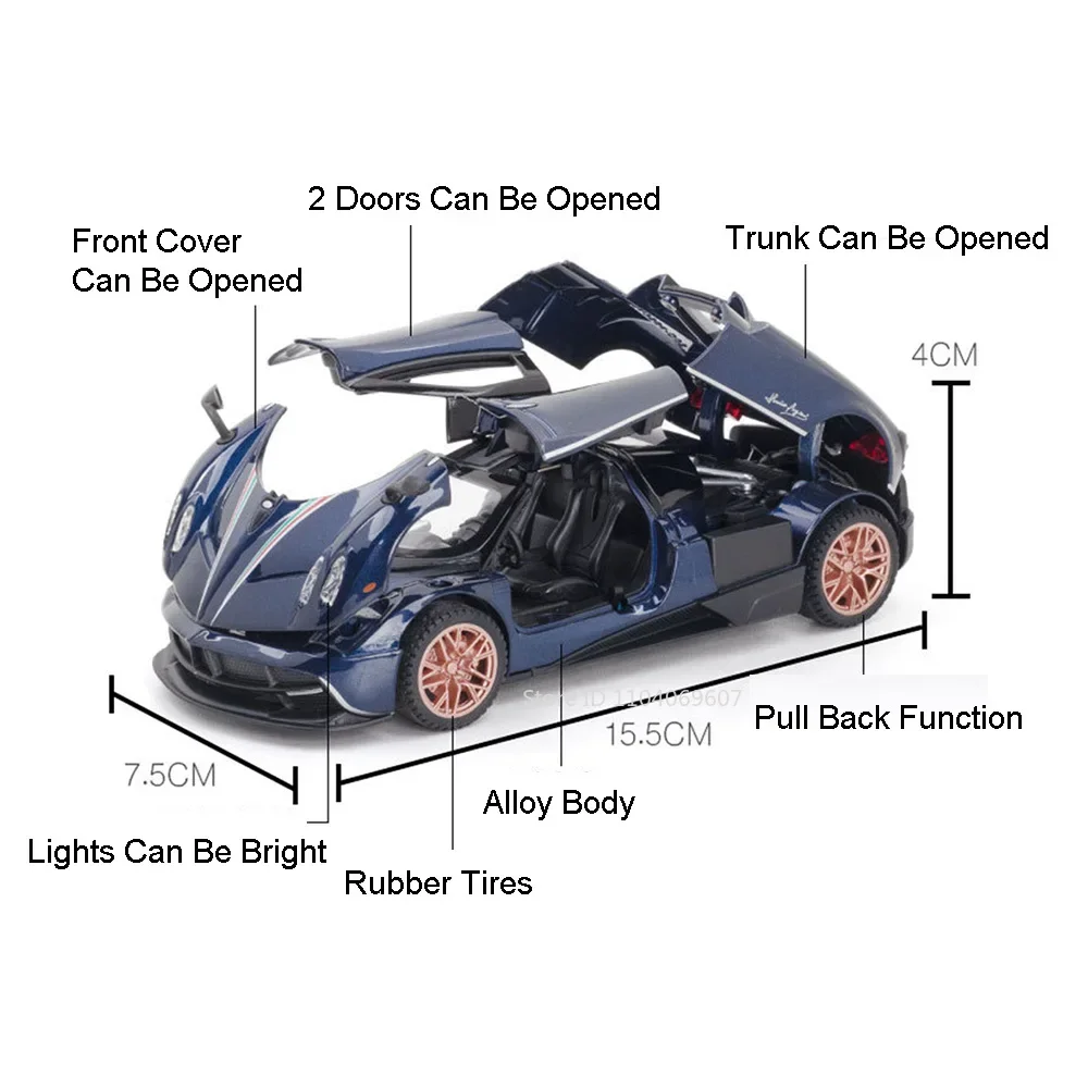 1:32 Pagani Huayra Dinastia Giocattolo Modello di auto sportiva Pressofuso in lega Suono Luce Tirare indietro Pneumatici in gomma Veicolo da corsa per la raccolta