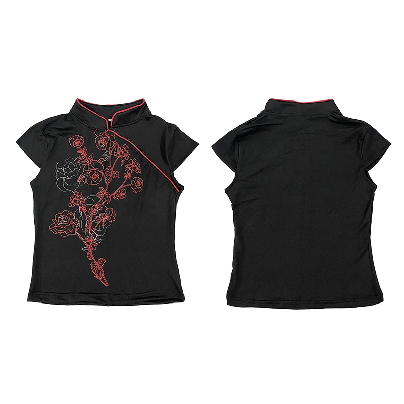 Alt Chinese Trend Cropped Cheongsam Blouse, Red Line Floral Rhinestone Print Contrast Red Piping Oblique Slim Cap Sleeve T Shirt