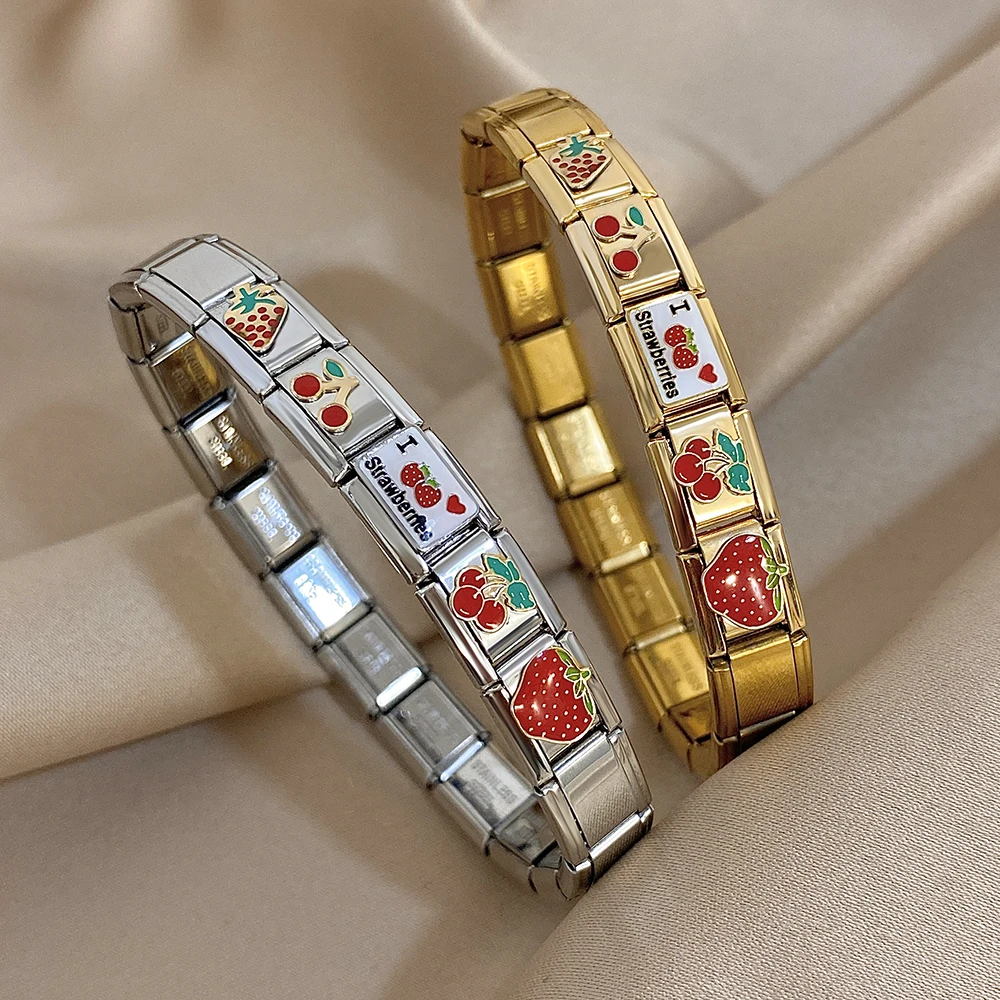 Chic Erdbeere Kirsche Muster Edelstahl Elastische Manschette Armband Armreif Neue Frucht Einstellbare Wasserdichte Armband Frauen Männer