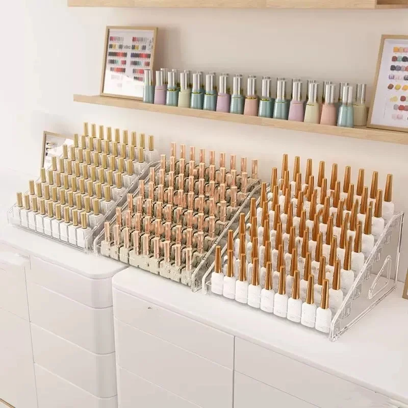 Versatile Transparent Nail Polish Lipstick Eyeshadow Display Holder, Multilayer Trapezoid Makeup Storage Shelf for Nail Salon