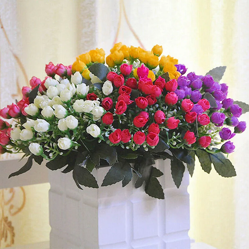 1 Bunch Fake Flower 36 Heads Artificial Silk Flowers Small Bud Rose Wedding Home Festival Grave White Purple Bouquet Decoration