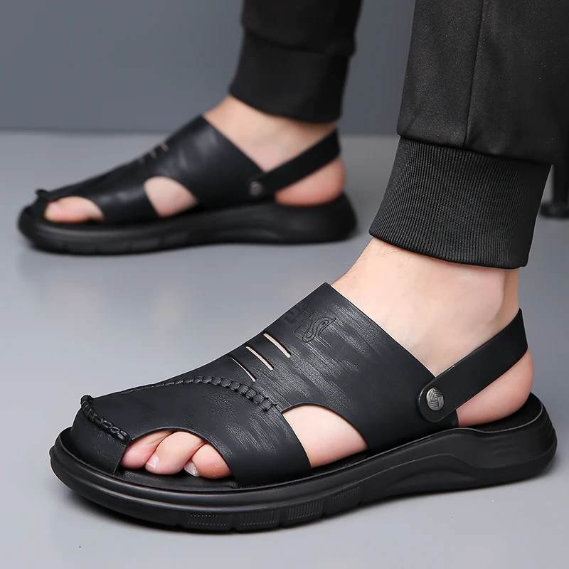 

Summer Genuine Leather Beach Shoes Two Ways Wearing Casual Daily Outdoor Slippers