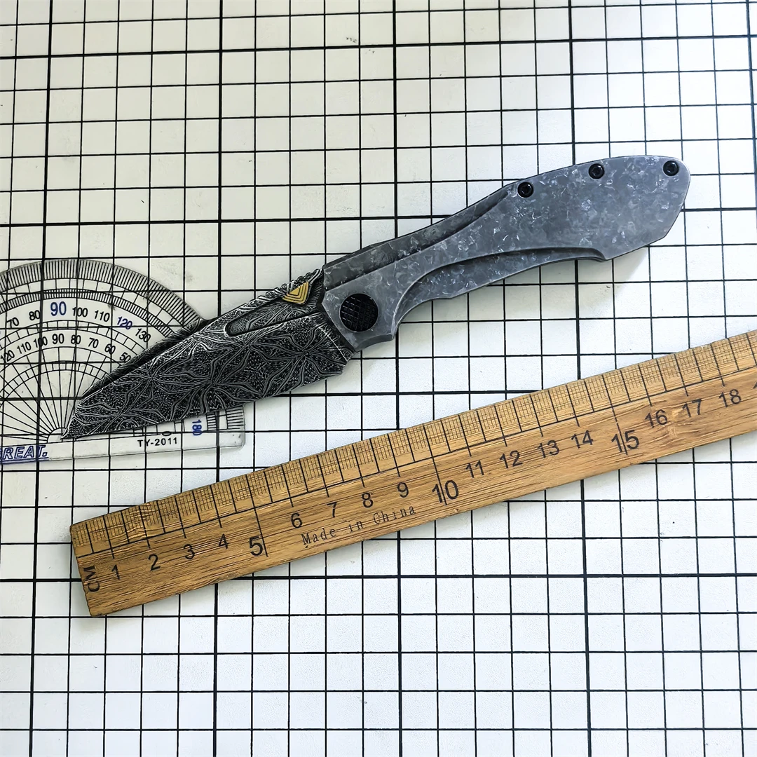 Customized Damascus Steel Folding Knife Ice Crystal Titanium Handle Outdoor Camping Hiking Hunting EDC Wilderness Rescue Tool