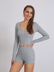 Women 2 Piece Pajama Set Fashion Solid Color Long Sleeve Button Up V Neck Crop Tops and Elastic Waist Shorts Set Slim Loungewear