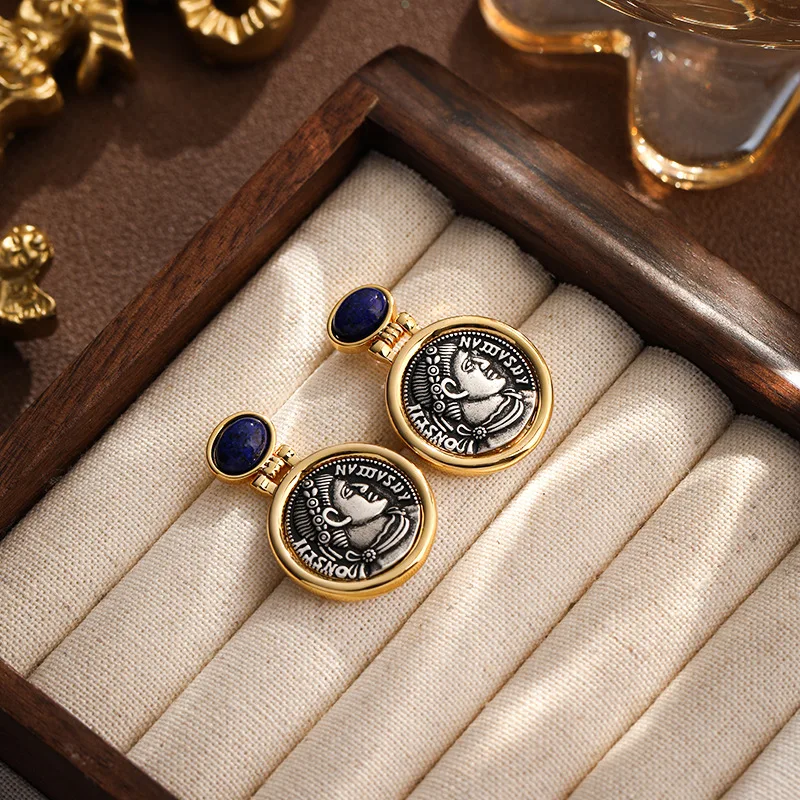 women gold plated luxury ancient portrait coin earrings