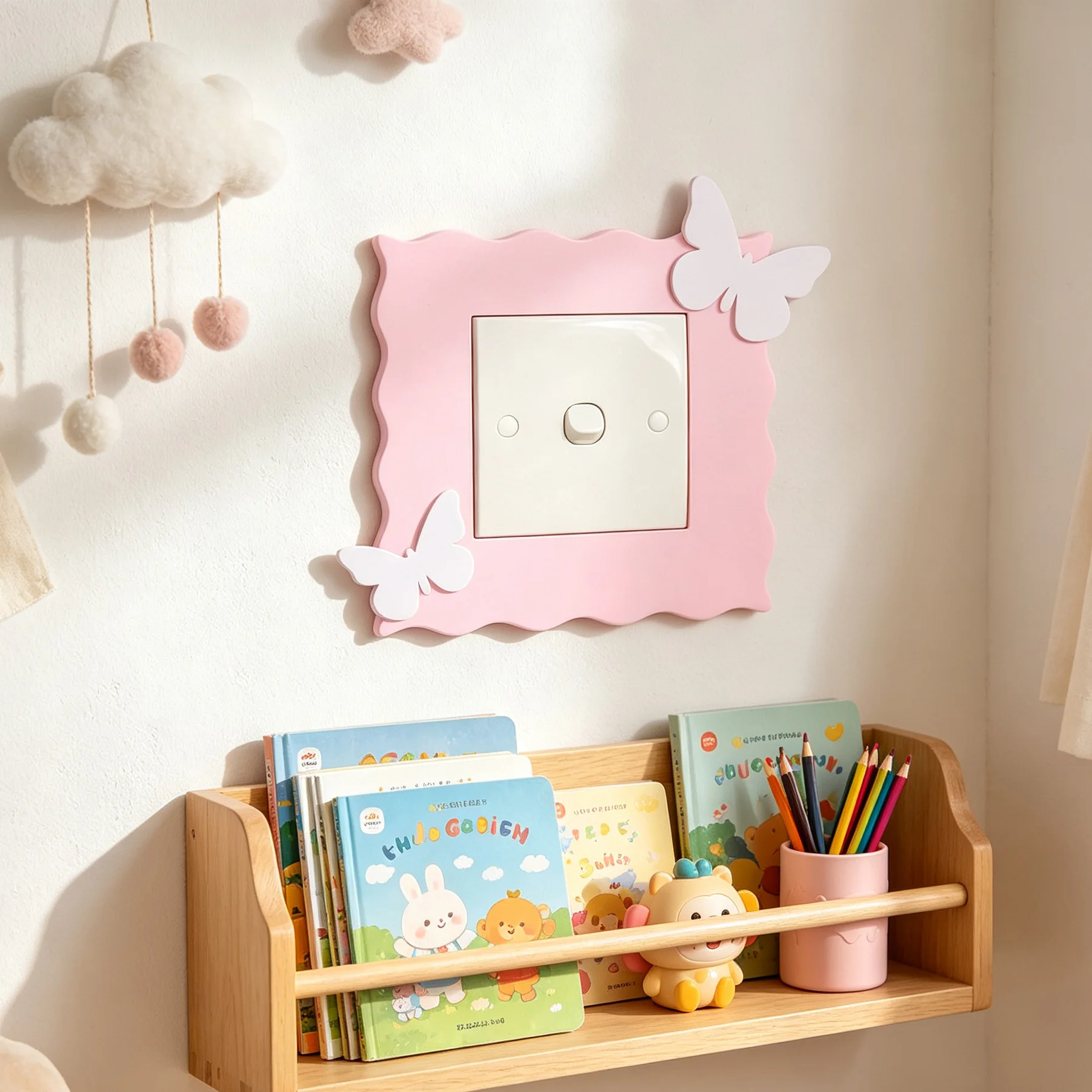 Cross-border Cute Pink Pearl Edge Single Toggle Switch Wall Plate, Butterfly Decor Kids Bedroom Wall Power Socket Decor Cover