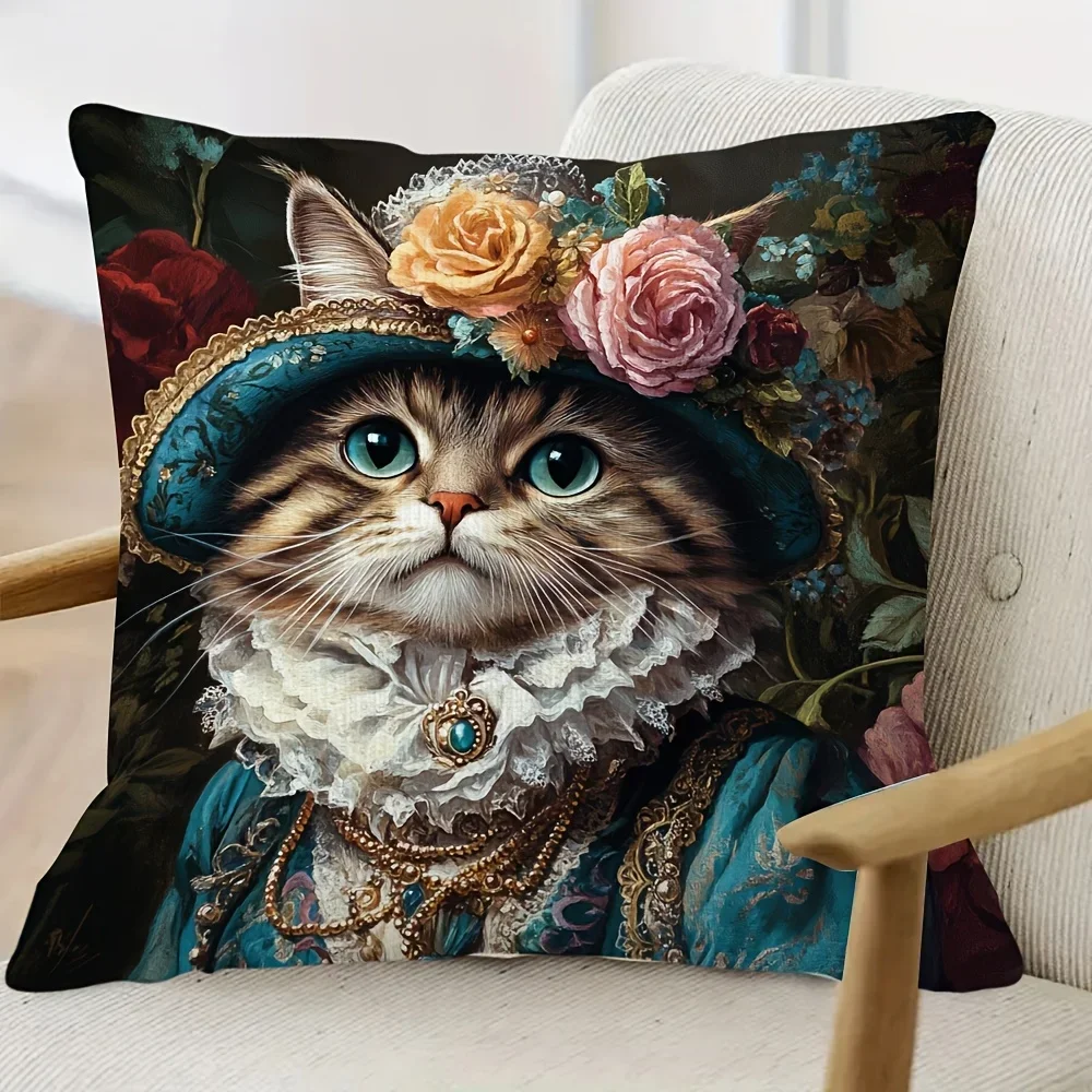 2D Flat Vintage Royal Cat Throw Pillow Cover Victorian Floral Lady Cat Decorative Pillowcase For Sofa Bedroom Living Room
