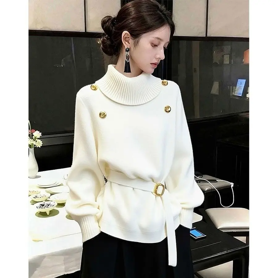 Camisola feminina 2025 novo único chique enorme boa aparência cintura rendas temperamento branco gola alta malha topo inverno