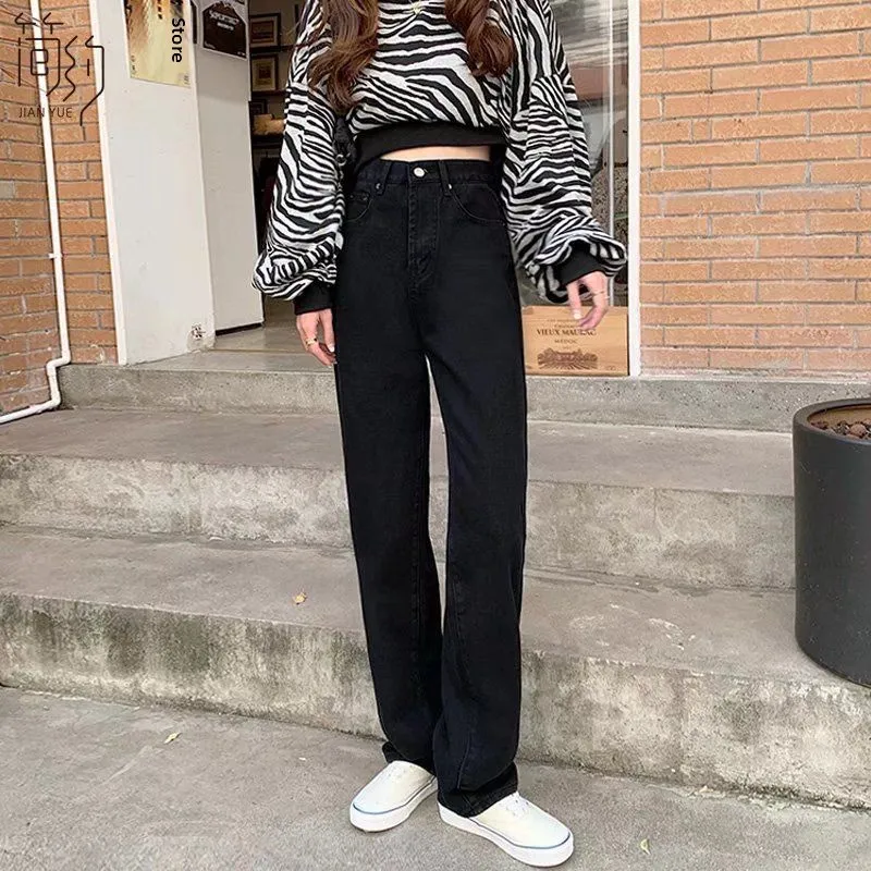 

High Waist Wide Leg Jeans Women's Loose Fit Straight Leg Slimming Long Pants Autumn New Sle Casual Cotton Polyester Blend
