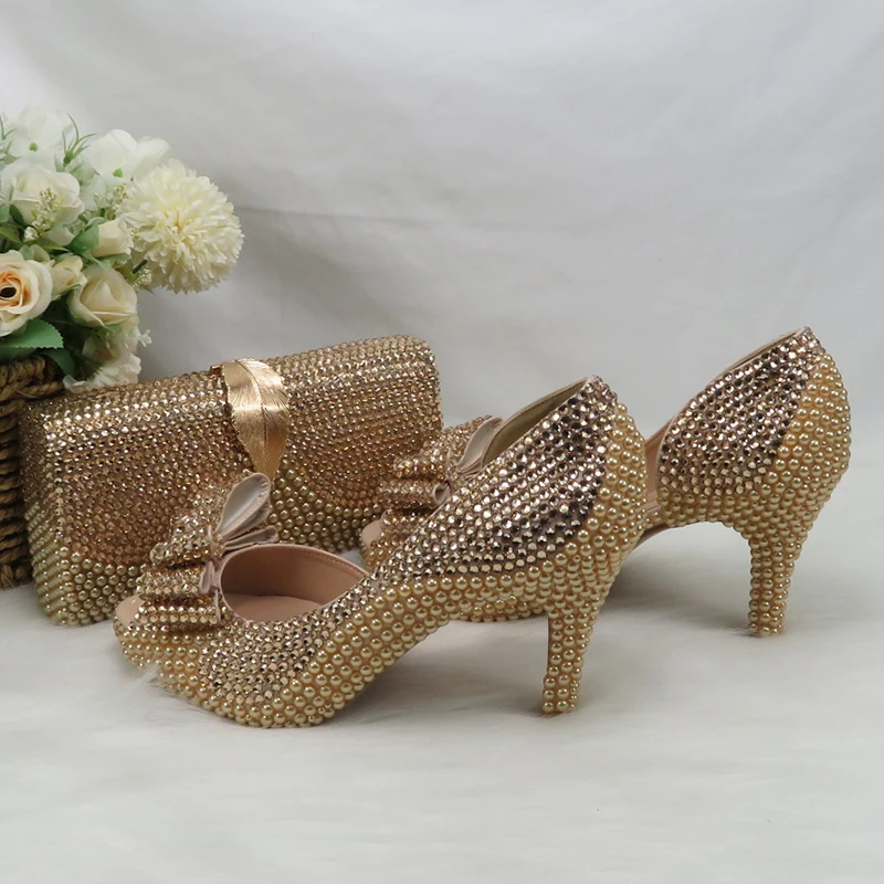 Champagne Golden Pearl Bridal Wedding shoes with matching bags woman Open Toe party dress shoes Platform shoes and bag