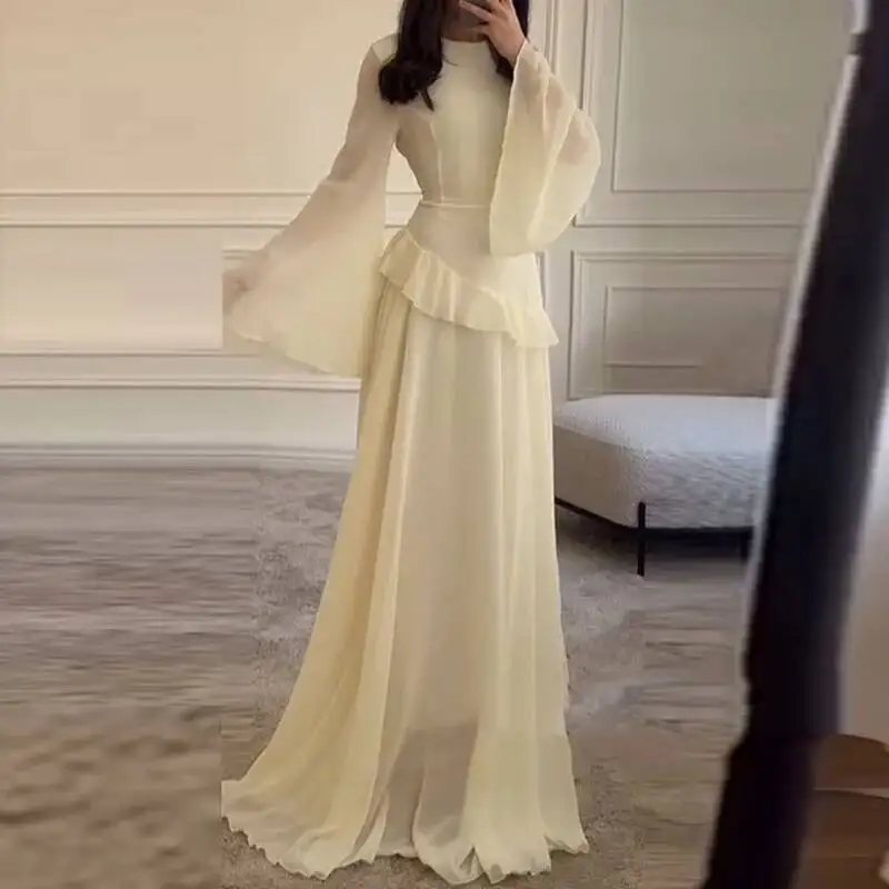 Moda primaverile Solid Ruffle A Line Boho French Elegante O Neck Slim Party Dress Donna Flare Manica lunga Abiti autunnali