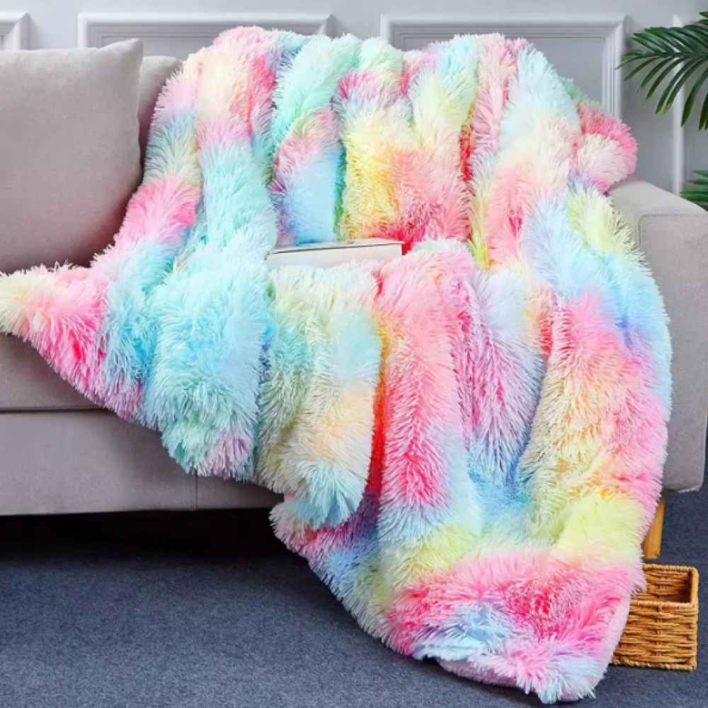 Luxury Faux Fur Throw Blanket, Rainbow High Pile Mixed Throw Blanket, Super Warm, Fuzzy, Elegant, Fluffy Decoration Blank
