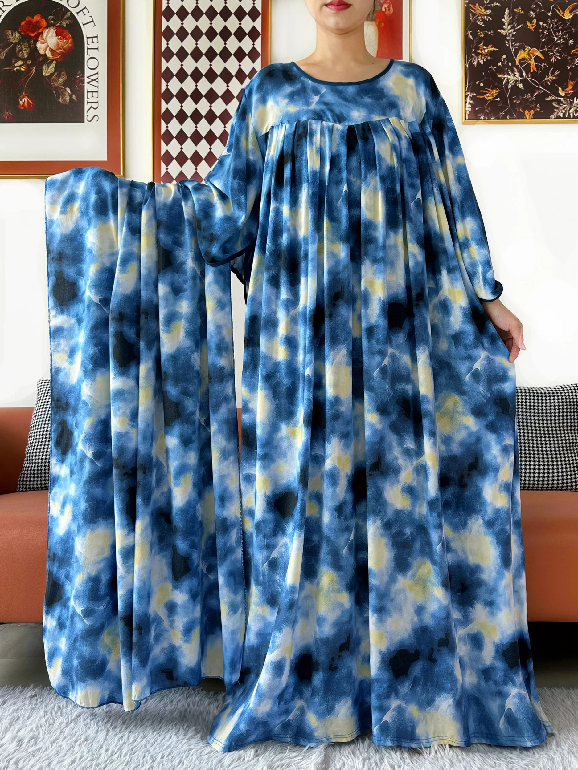 Exclusive Design Women Abaya Loose African Muslim Lady's Dress with Big Scarf  Tie-Dye Printing Maxi Dress for Ramadan