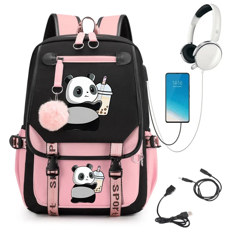 

Black Pink School Bag Backpack Back Pack for Teenager Schoolbag Primary High Bagpack Boba Panda Bubble Tea Anime Usb Schoolbag