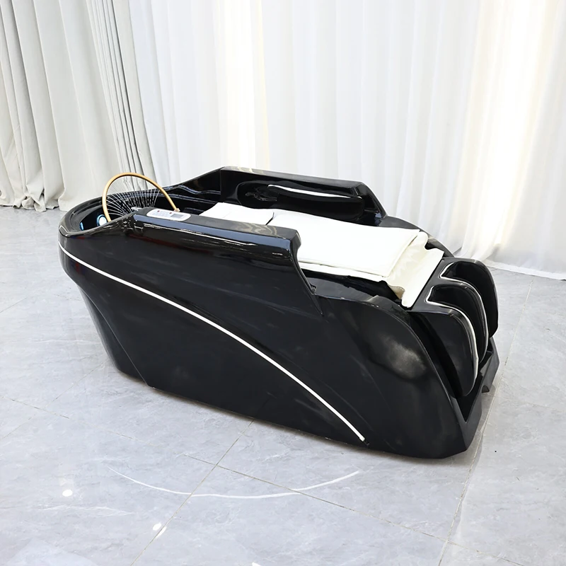 Modern Salon Furniture Barbershop Black Washing Chair Bed Luxury Electric Massage Head Spa Shampoo Chair with Lights