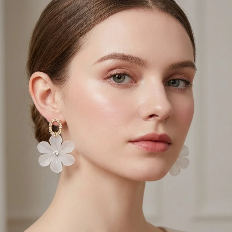 Translucent White Flower Hanging Earrings for Women Rhinestone Ball Middle Petals Sweet Korean New Beach Vacation Ear Decoration