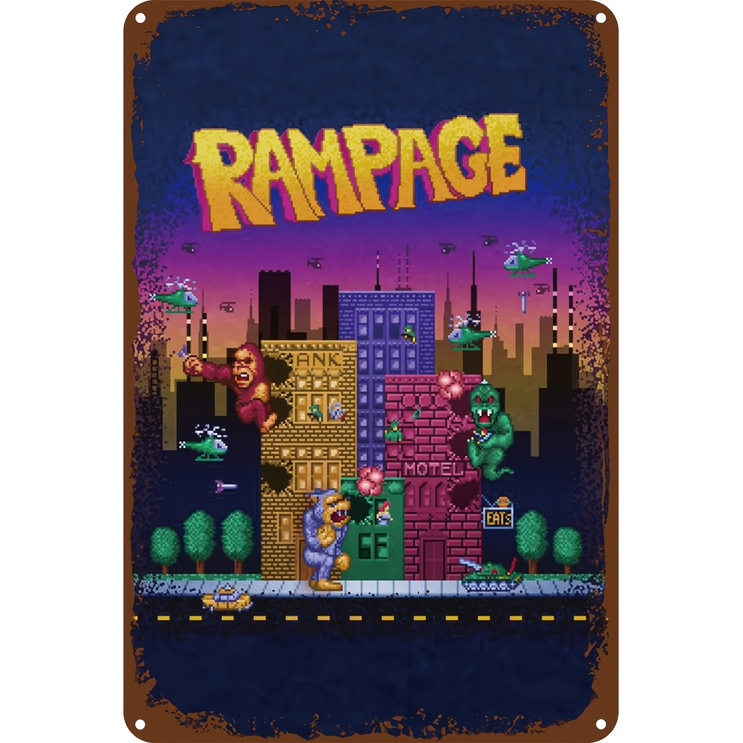 Vintage Arcade Pixel Art Metal Sign - Retro Gaming Cityscape Wall Decor, Durable  Inch Indoor/Outdoor Farmhouse Porch Art, No E