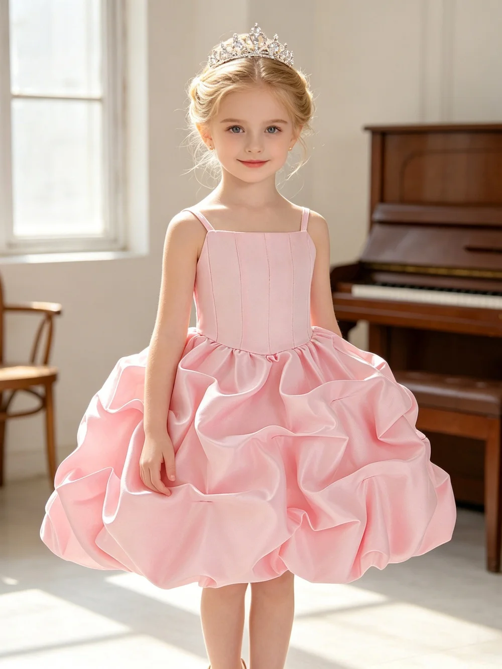 Ruffled Satin Ballet Dress for Girls Elegant Thin Straps Puffy Princess Gown Kids Birthday Party Wedding Guest Outfit 4-8Y