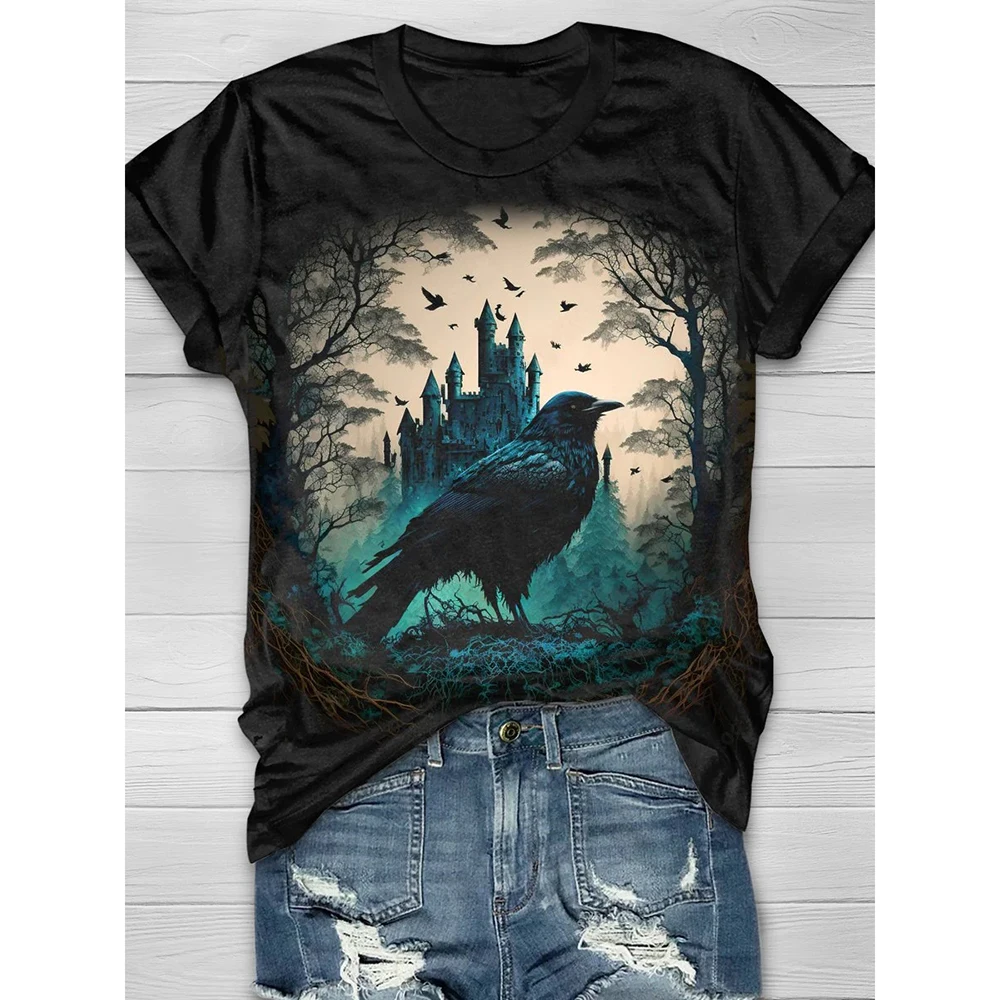 3d Crow Print T-Shirt Women Fashion Oversized T-Shirts Female Tees Casual Short Sleeve Tops Tees Animal Tshirt Gothic Camisetas