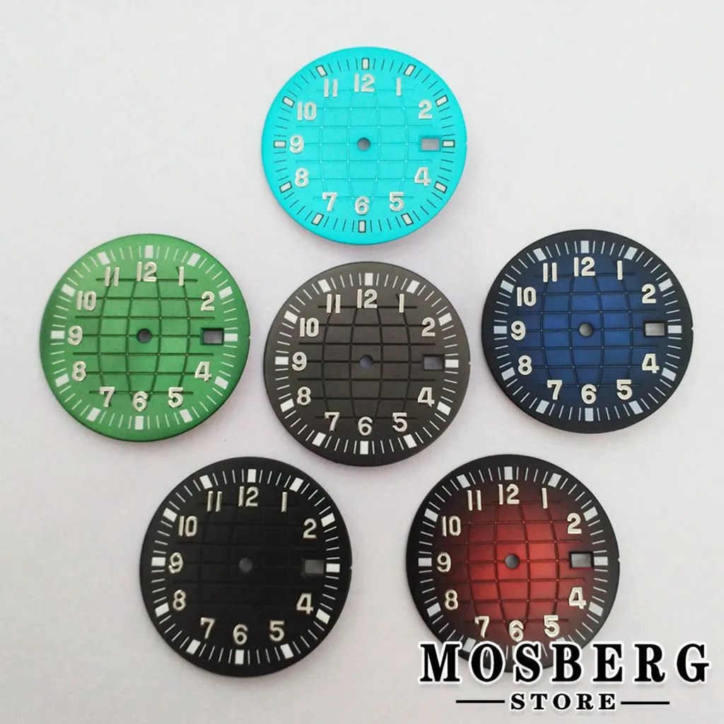 33mm Sterile Green Luminous Watch Dial With Date Window Earth Pattern For NH35 NH35A Watches Movement Parts