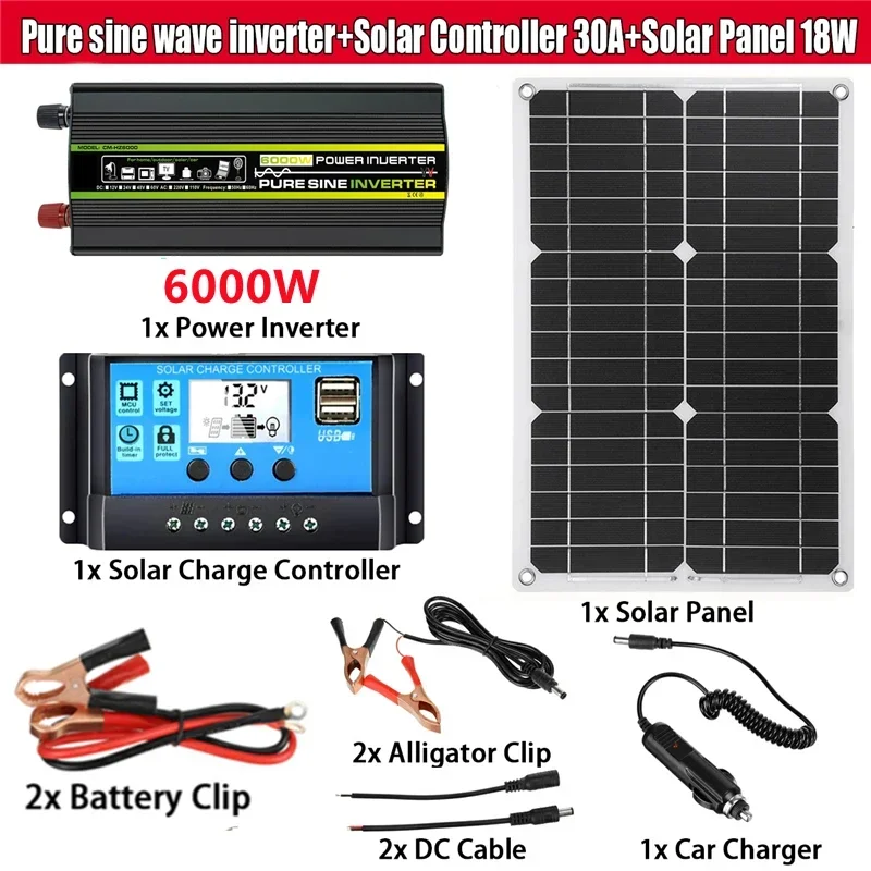 Solarstromerzeugungssystem 6000 W reine Sinuswelle mit intelligentem LCD-Display Dual USB 12 V bis 110/220 V mit 30 A Solarregler-Set