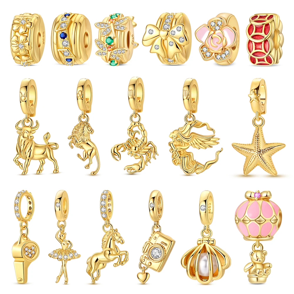 Golden Series 925 Sterling Silver Hot Air Balloon Lion Copper Coin Bow String Decoration Fit DIY Bracelet Necklace Party Gifts