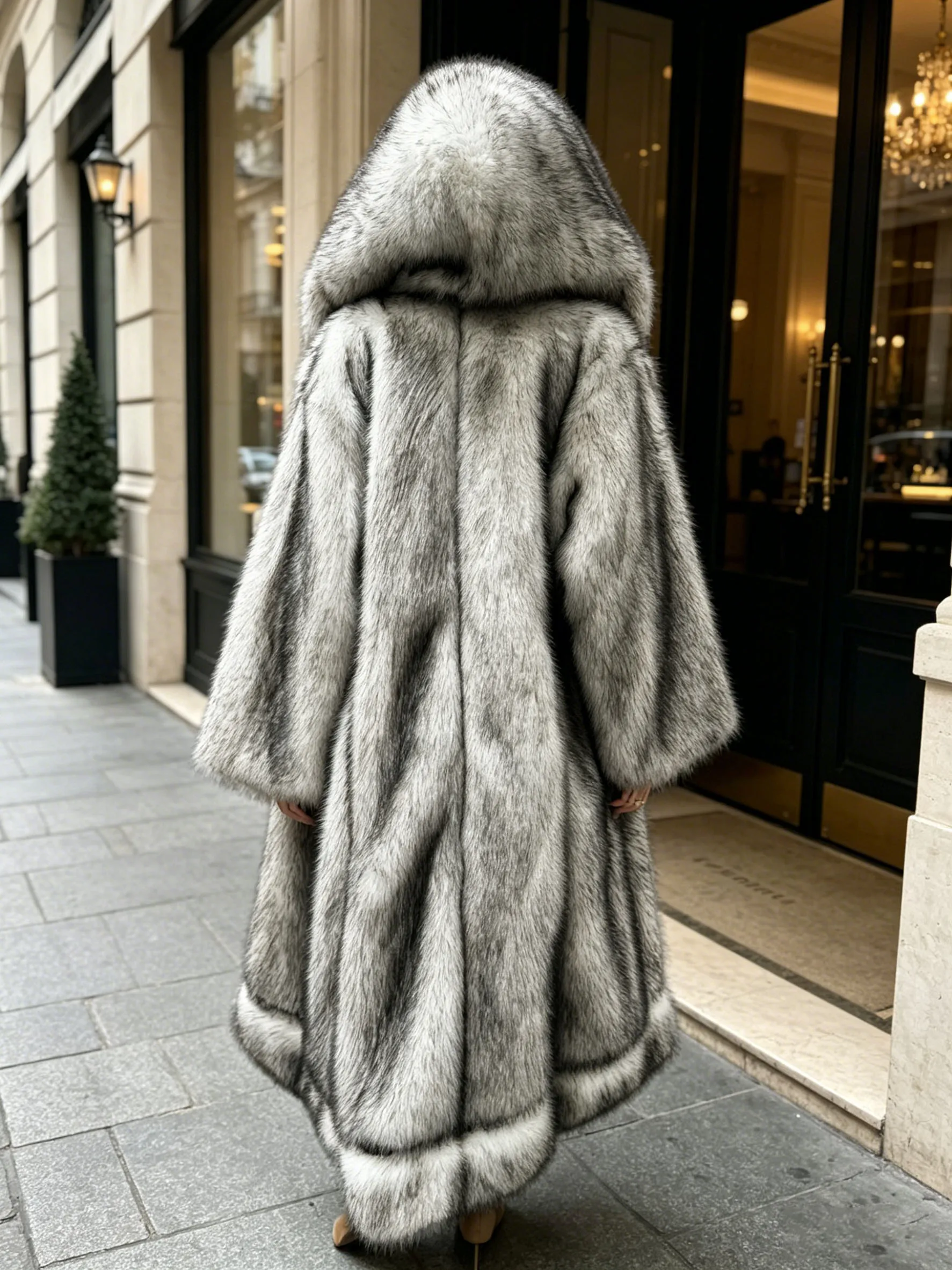 

Women's Silver Fox Faux Fur Coat with Big Hood 2026 Winter Long Length Fluffy Warm Luxury Jacket for Daily Party Streetwear