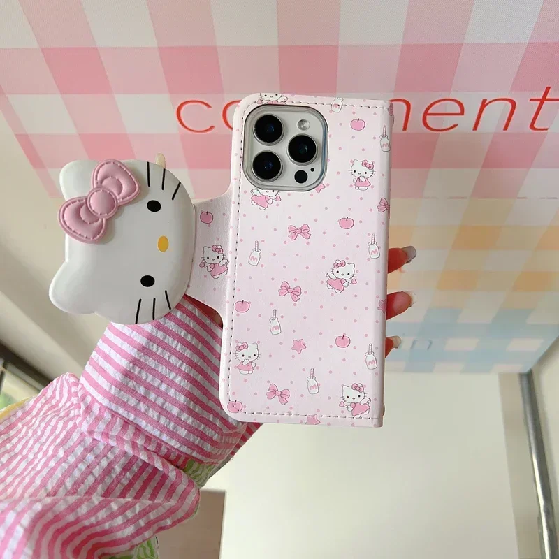 3D Cute Cartoon Sanrio Hello Kitty Wallet Magnetic Flip Leather Phone Case For iPhone 15 14 13 12 11 Pro Max Cases Hard Cover