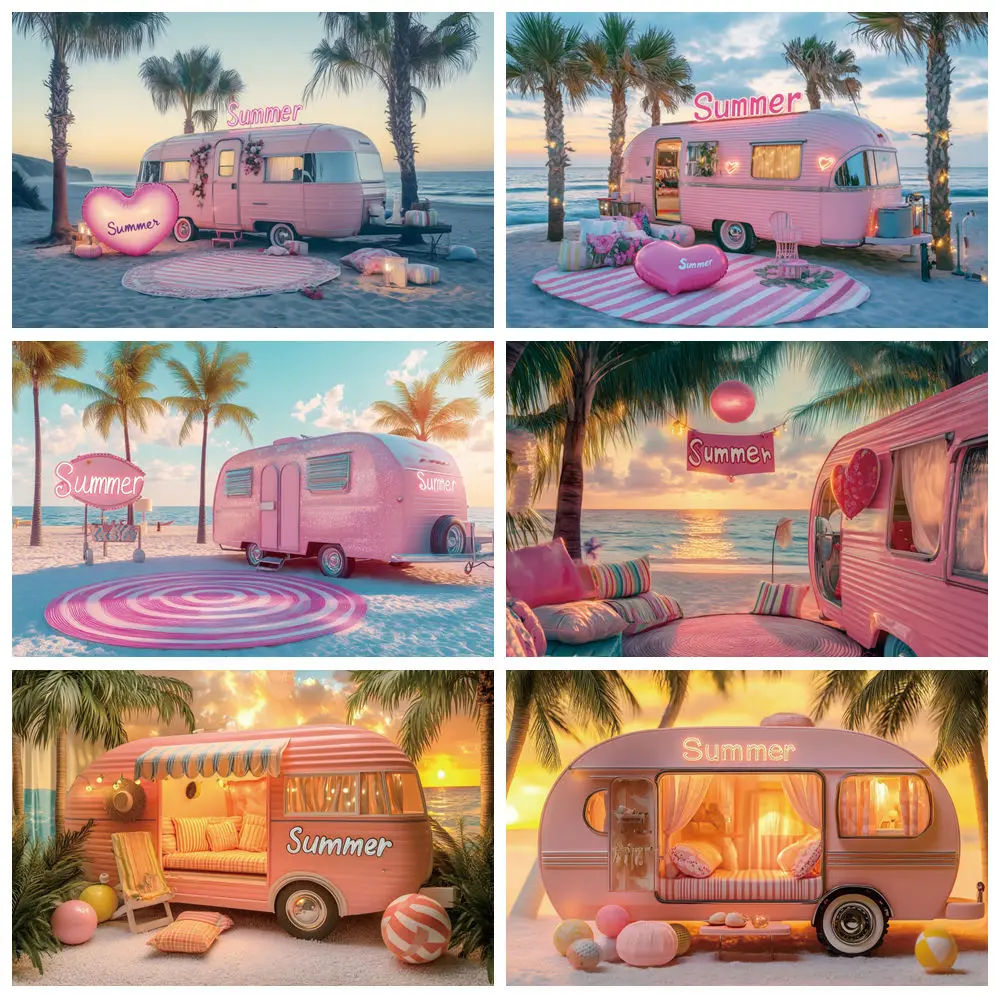 

Summer Beach Hawaiian Photography Backdrop Sunset Surfing Seaside Palm Tree Pink Camping Car Travel Party Photo Background Decor