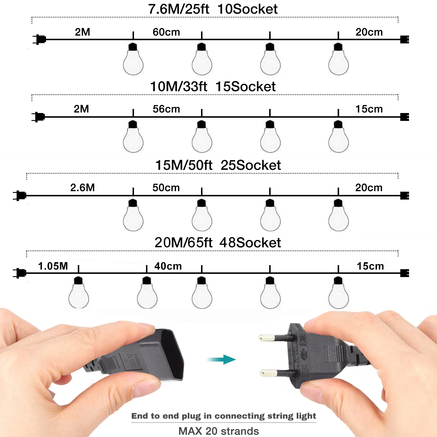 서리로 덥은 흰색 G40 야외 문자열 조명 E12 소켓 25FT 65FT 결혼식 카페에 대 한 미국 EU 플러그 디 밍이 가능한 요정 빛 체인 연결 가능