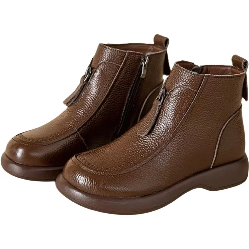 

Women Leather Flat sole Ankle Snow Boots Winter New Soft Sole Waterproof Non Slip Thicken Plush Keep Warm Zippers Cotton Boots