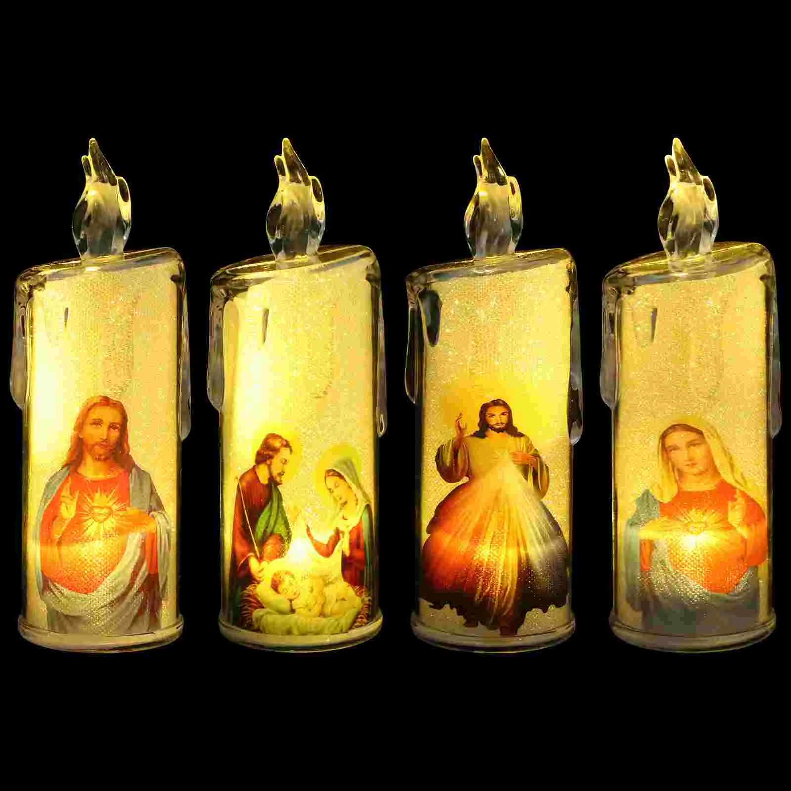 

4 Pcs Gift Candlestick Jesus Lantern Tea Lights Lamp Plastic LED Prayer Religious Flameless