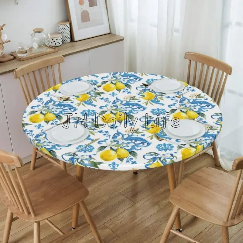 Fitted Round Tablecloth Sicilian White Flowers of Lemon Table Cover Waterproof Table Protector for Wedding Party Dining Room